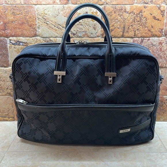 TUMI Black Nylon Laptop Travel Briefcase Bag Geometric Logo Office Pockets - Picture 4 of 15